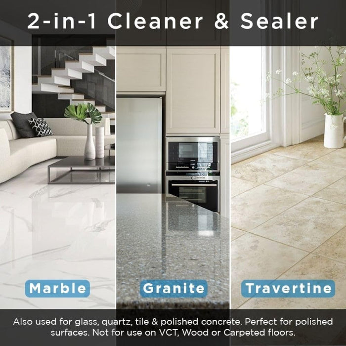 Stone Crystal Clean used on marble, granite, and travertine surfaces; 2-in-1 cleaner.