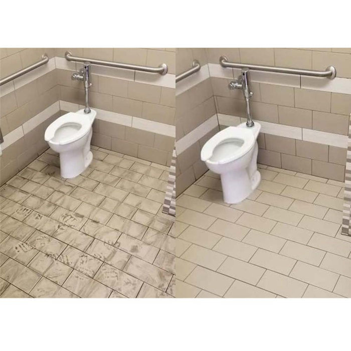 Clean bathroom tile floor and toilet fixtures in corner view