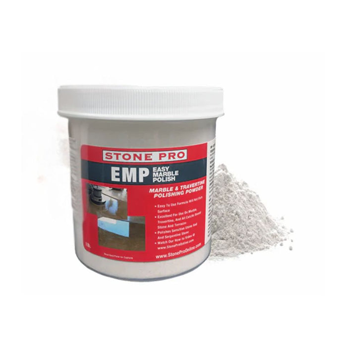 StonePro EMP Easy Marble Polish Powder, white tub with label and loose powder