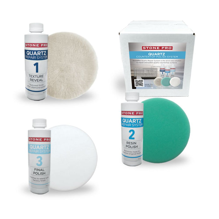 Quartz Repair System kit: bottle 1 texture reveal, bottle 2 resin polish, polishing pads