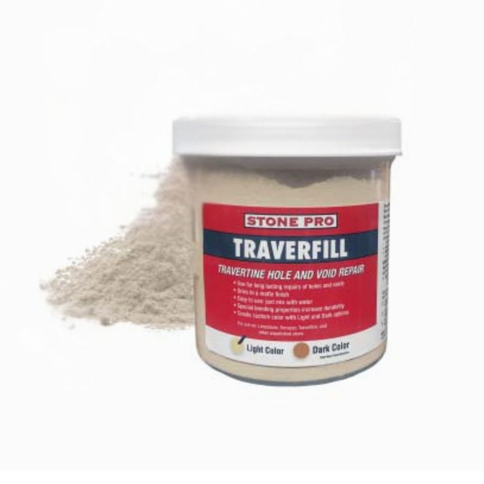 StonePro Traverfill tub with light color travertine filler powder