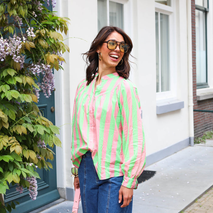 Streep blouse katoen roze groen