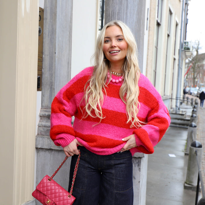 Streep knit fuchsia rood
