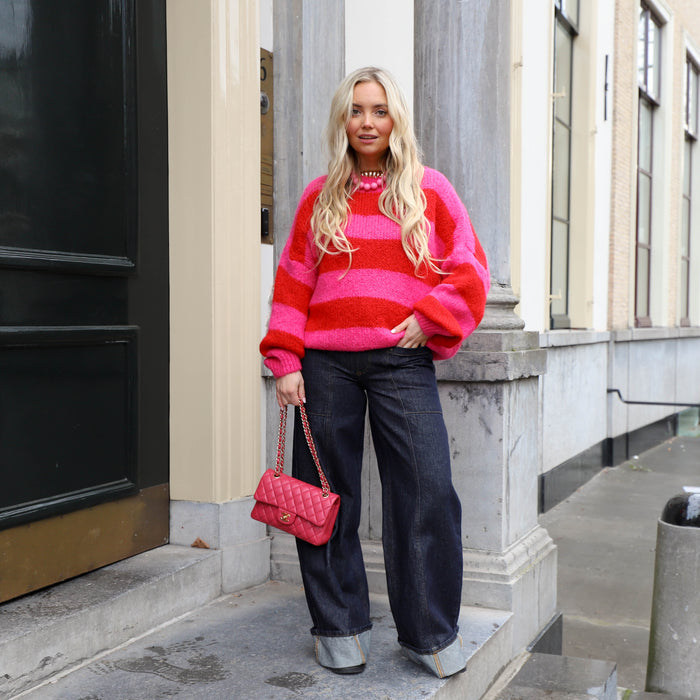 Streep knit fuchsia rood