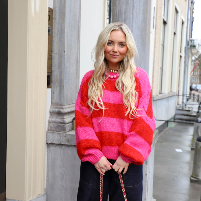 Streep knit fuchsia rood