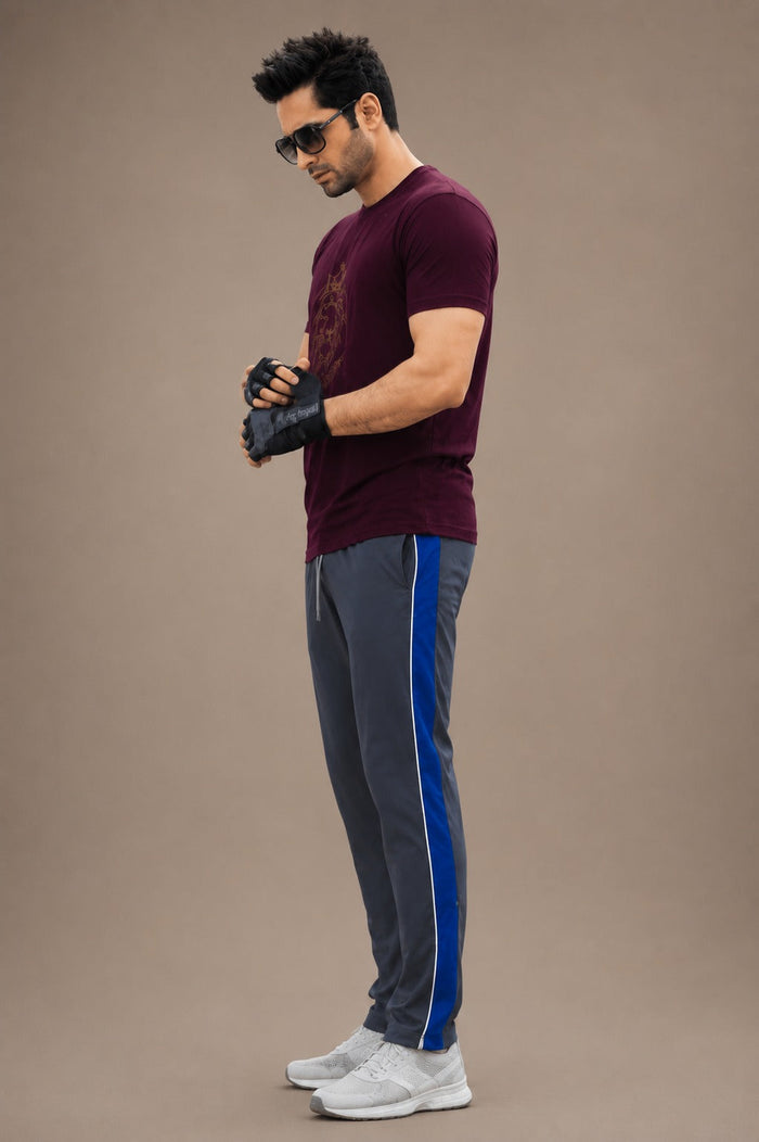 Stylish Regular Fit Summer Trouser For Men-Charcol With Royal blue & White Stripers-A08