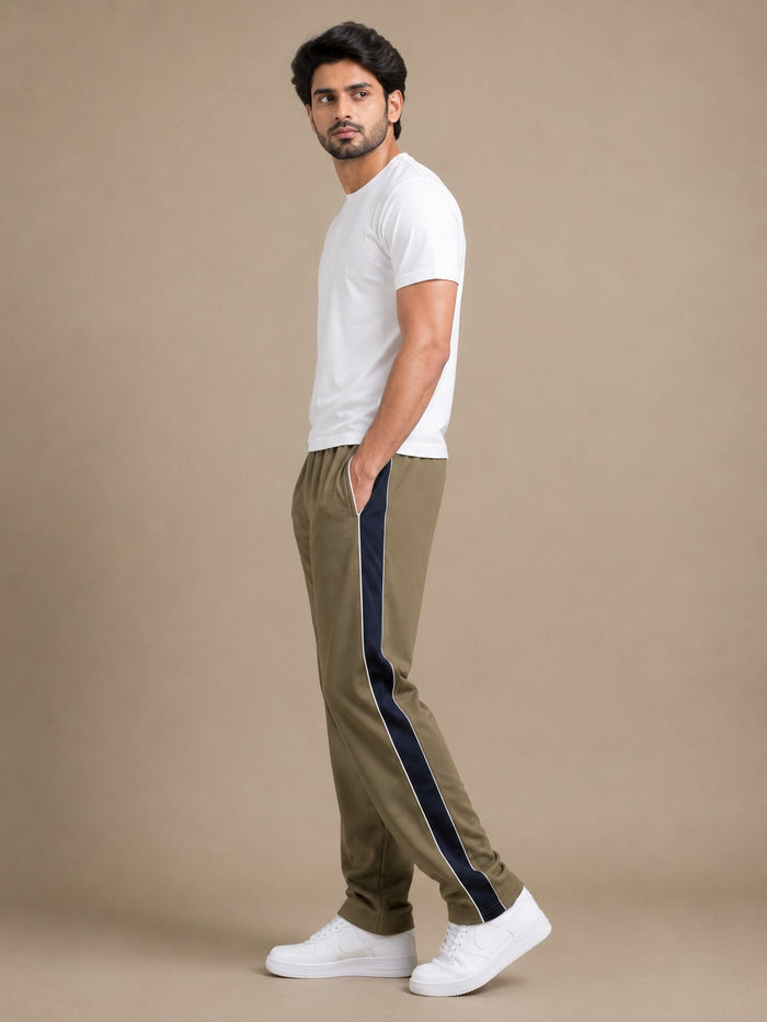 Stylish Regular Fit Summer Trouser For Men-Olive With Navy Stripers-A05