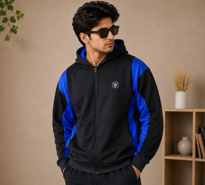 Stylish Winter Zipper down shoulder Jacket For Men-Black With royle Blue panals hr1