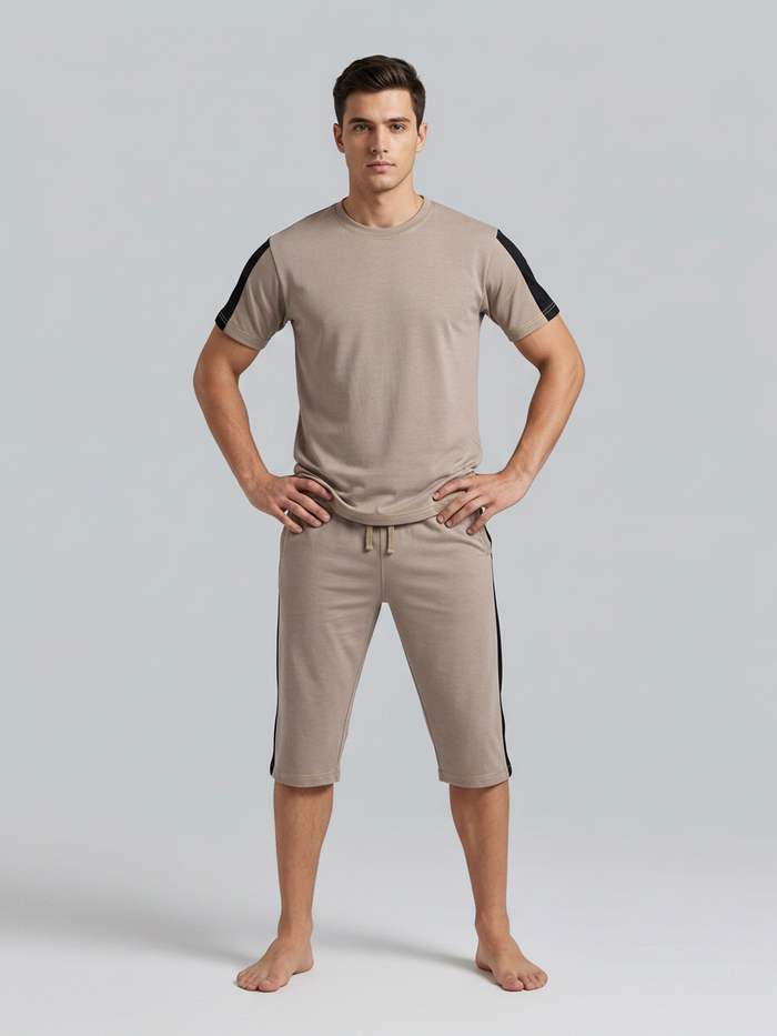 Summer Co Ord Set For Men-Light Brown Melange-BE6043