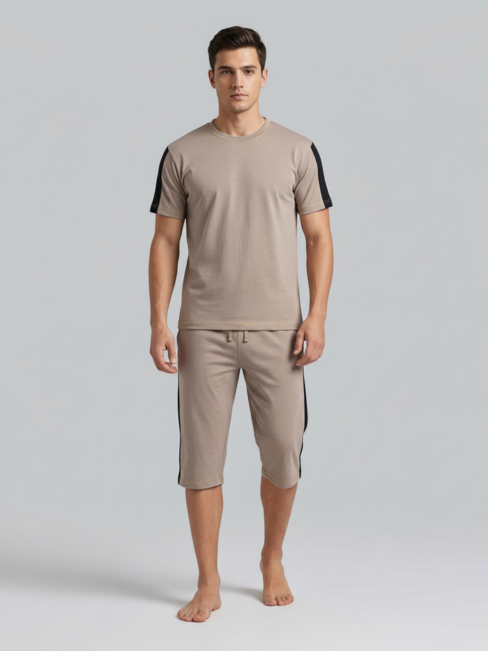 Summer Co Ord Set For Men-Light Brown Melange-BE6043