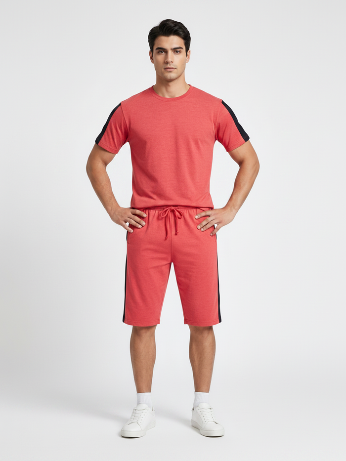 Summer Co Ord Set For Men-Red Melange-BE6711