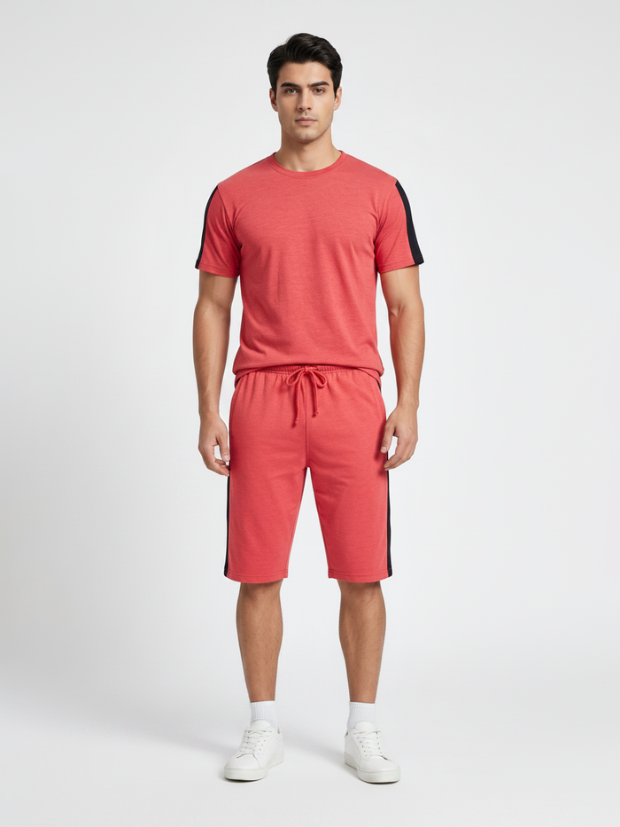 Summer Co Ord Set For Men-Red Melange-BE6711