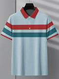 Summer Polo Shirt For Men-Blue Melange with Red & Persian Blue Stripe-RT2339