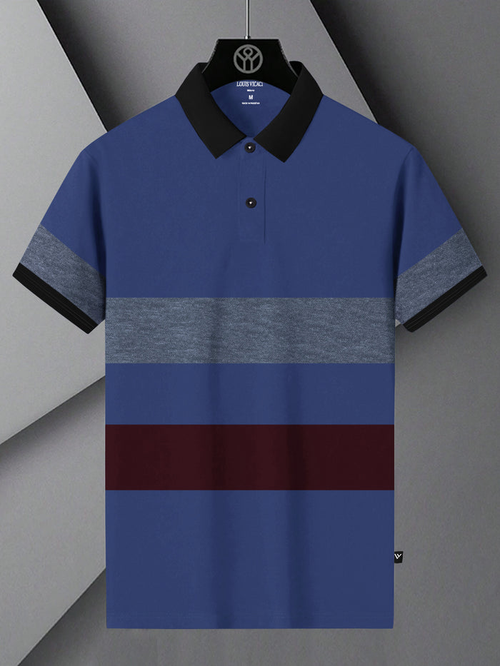 Summer Polo Shirt For Men-Blue with Maroon & Navy Melange Panel-BR13077
