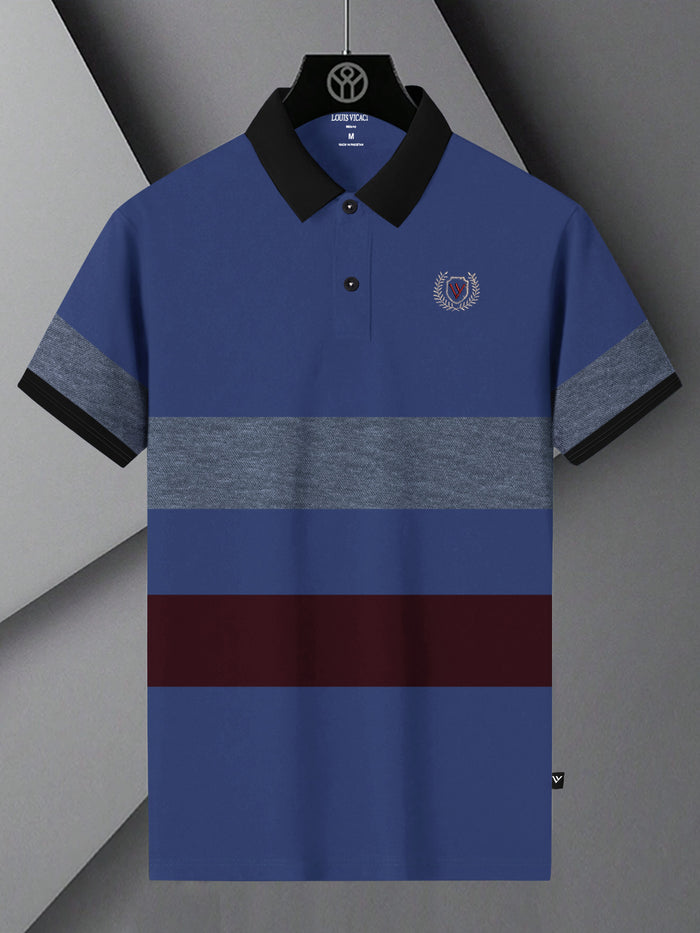 Summer Polo Shirt For Men-Blue with Maroon & Navy Melange Panel-BR13077