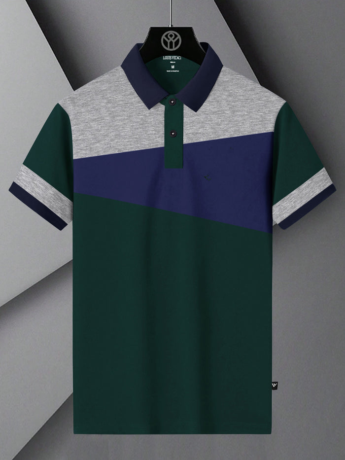 Summer Polo Shirt For Men-Dark Green with Blue & Grey Melange Panel-BR13072