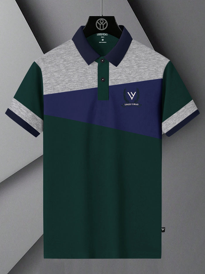 Summer Polo Shirt For Men-Dark Green with Blue & Grey Melange Panel-BR13072
