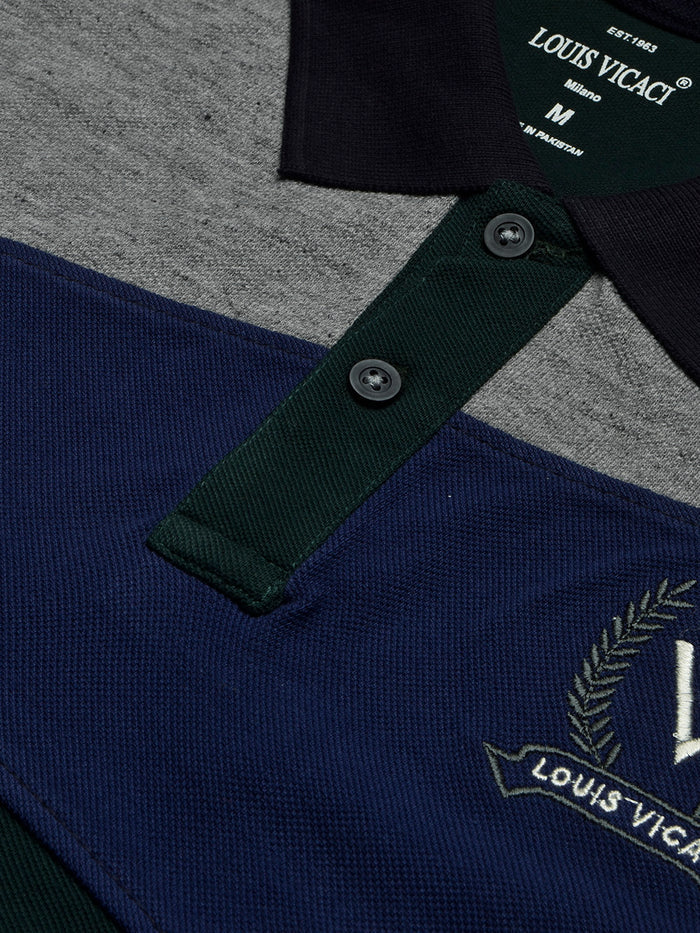 Summer Polo Shirt For Men-Dark Green with Blue & Grey Melange Panel-BR13072