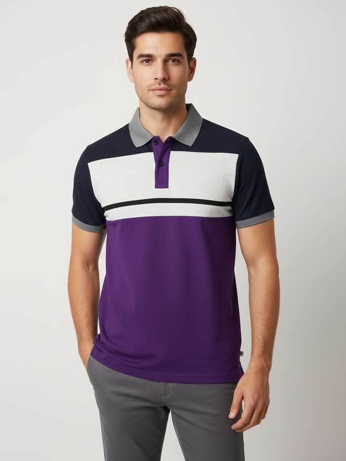 Summer Polo Shirt For Men-Dark Purple with Navy & Off White Melange Panel-BR13114