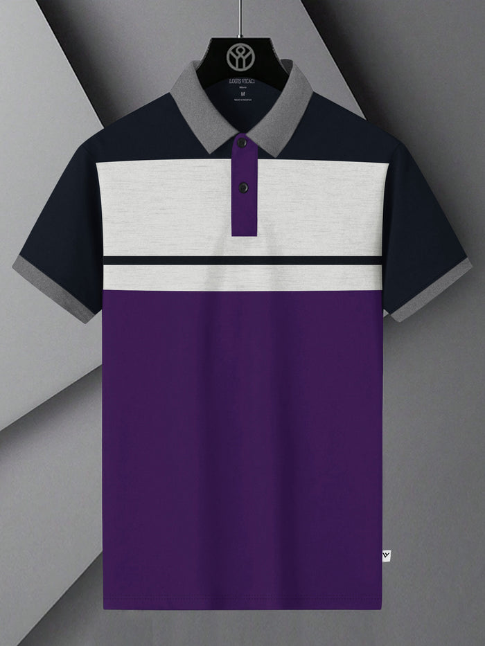 Summer Polo Shirt For Men-Dark Purple with Navy & Off White Melange Panel-BR13114