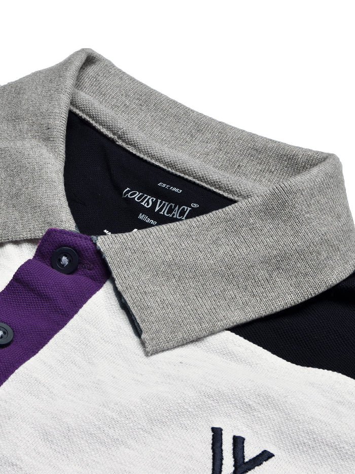 Summer Polo Shirt For Men-Dark Purple with Navy & Off White Melange Panel-BR13114