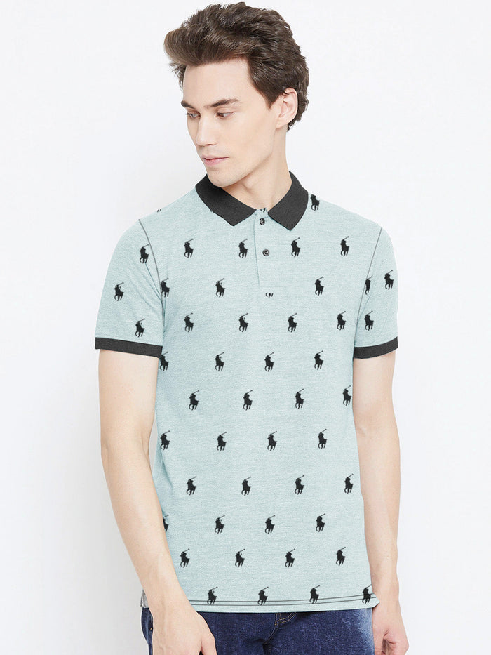 Summer Polo Shirt For Men-Light Cyan Green Melange-AN3977