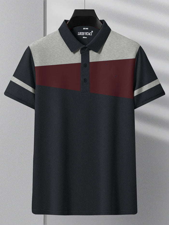 Summer Polo Shirt For Men-Navy with Grey Melange & Maroon-RT2327