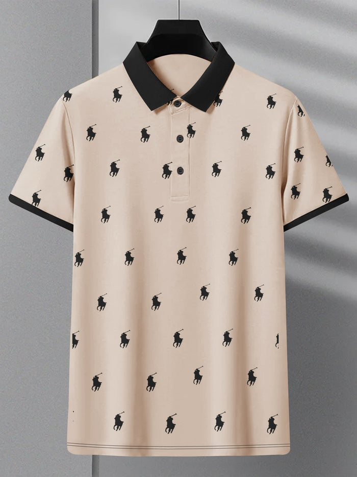 Summer Polo Shirt For Men-Peach with Allover Print-RT2334