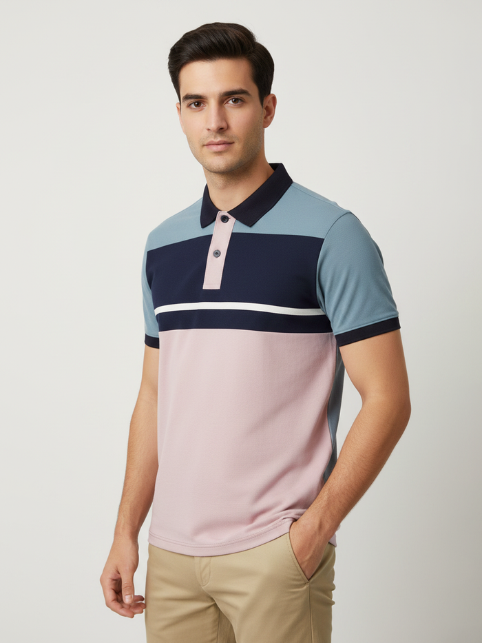 Summer Polo Shirt For Men-Pink with Navy & Bond Blue Panel-BR13117