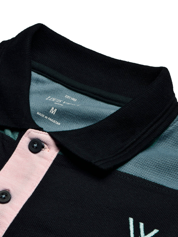 Summer Polo Shirt For Men-Pink with Navy & Bond Blue Panel-BR13117