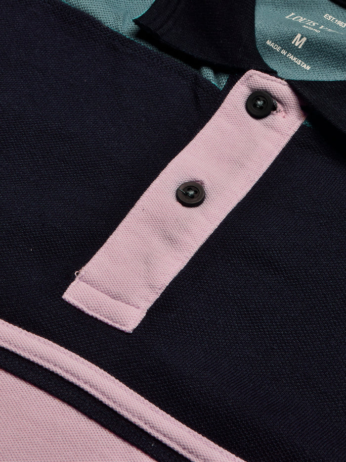 Summer Polo Shirt For Men-Pink with Navy & Bond Blue Panel-BR13117