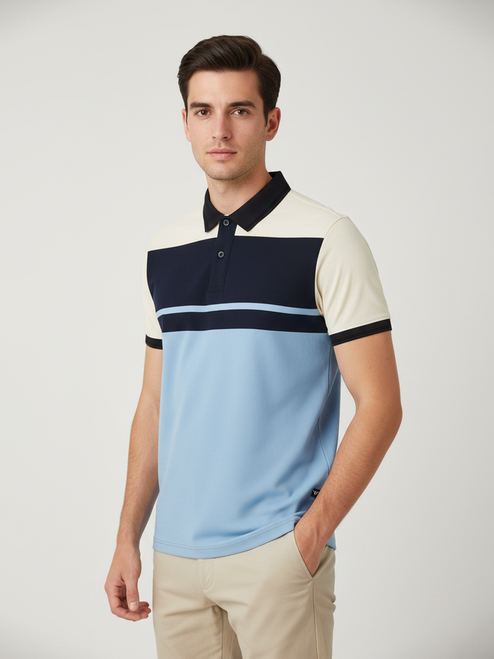 Summer Polo Shirt For Men-Sky with Navy & Off White Panel-BR13113