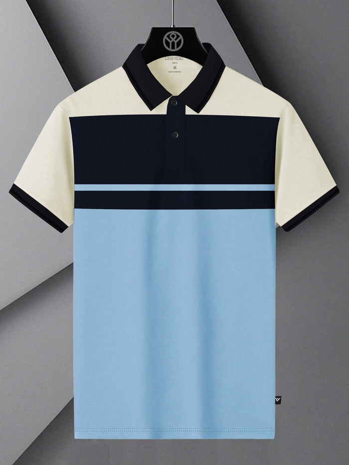 Summer Polo Shirt For Men-Sky with Navy & Off White Panel-BR13113