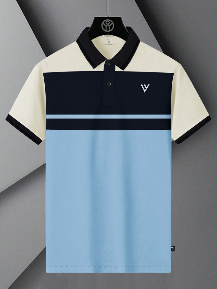 Summer Polo Shirt For Men-Sky with Navy & Off White Panel-BR13113