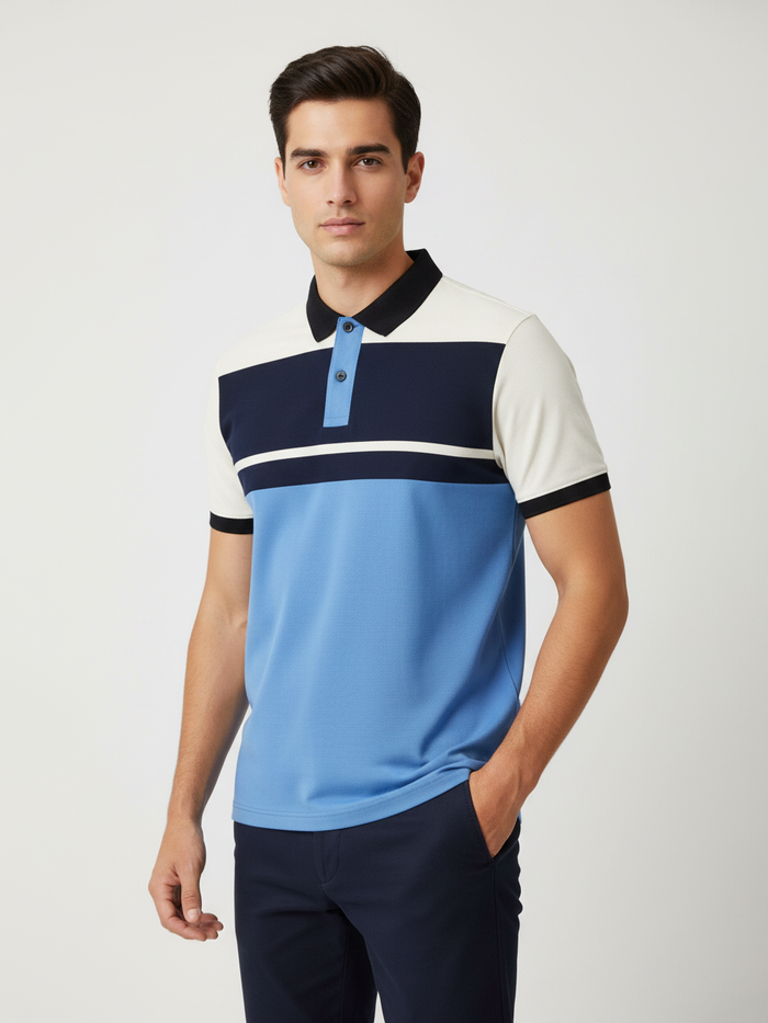 Summer Polo Shirt For Men-Sky with Off White & Navy Panel-BR13116