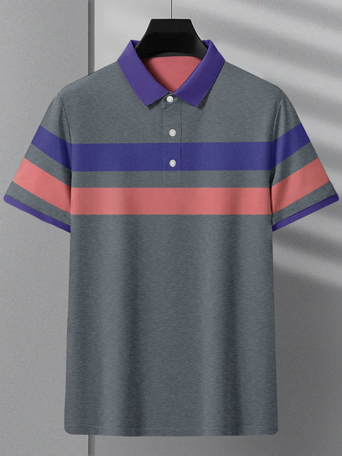 Summer Polo Shirt For Men-Slate Blue Melange with Purple & Pink Stripe-RT2336
