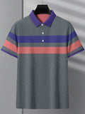 Summer Polo Shirt For Men-Slate Blue Melange with Purple & Pink Stripe-RT2336