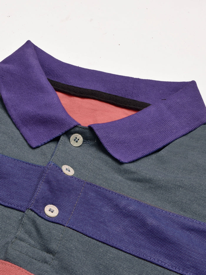 Summer Polo Shirt For Men-Slate Blue Melange with Purple & Pink Stripe-RT2336