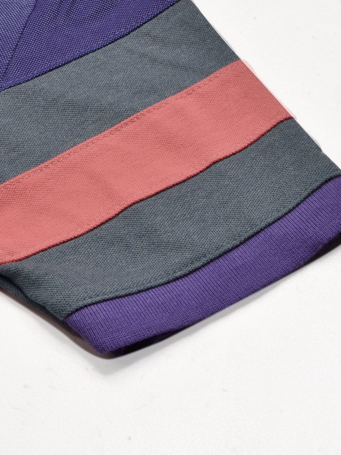 Summer Polo Shirt For Men-Slate Blue Melange with Purple & Pink Stripe-RT2336