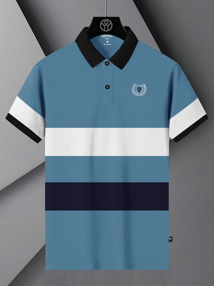 Summer Polo Shirt For Men-Slate Blue with White & Navy Panel-BR13111