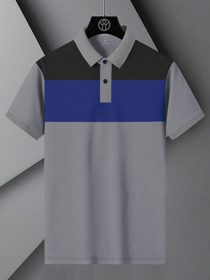 Summer Polo Shirt For Men-Slate Grey with Blue & Charcoal Panel-BR13034
