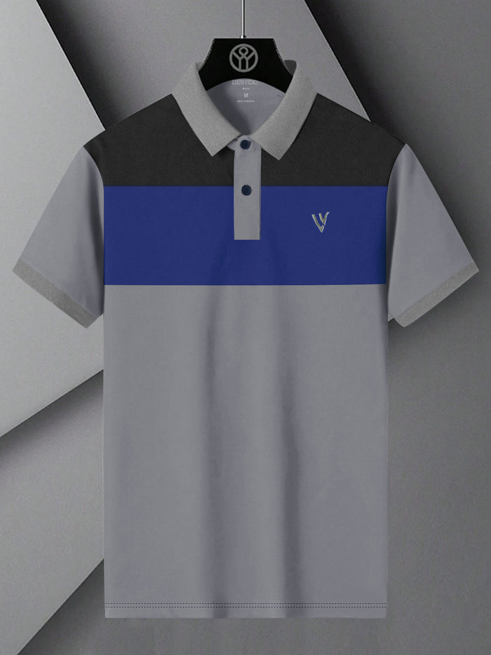 Summer Polo Shirt For Men-Slate Grey with Blue & Charcoal Panel-BR13034