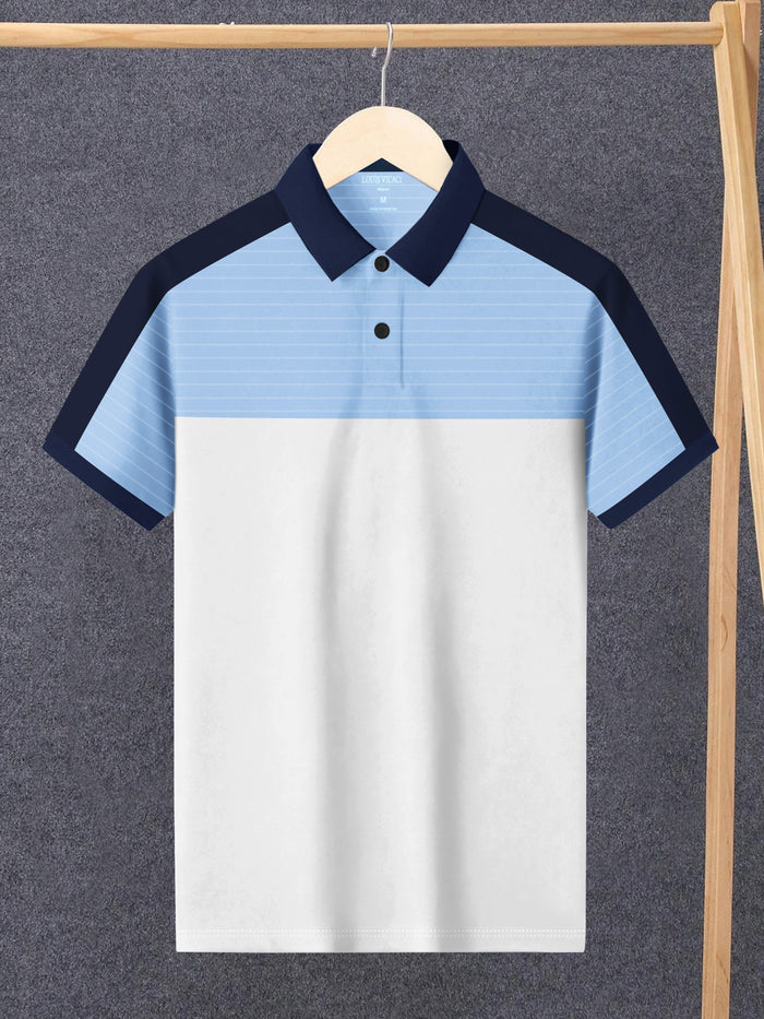 Summer Polo Shirt For Men-White with Sky Lining & Navy-BR13051