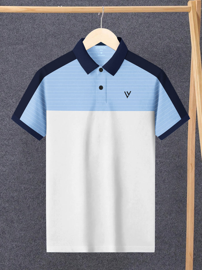 Summer Polo Shirt For Men-White with Sky Lining & Navy-BR13051