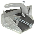 Tile cutter with metal base, scoring wheel handle, black cutting bed and guide rail