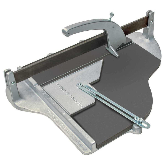 Tile cutter metal frame with long guide bar, scoring wheel lever, black platform bed