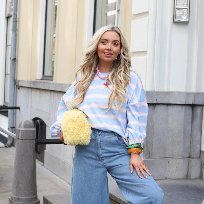 Sweater blauw roze geel streep Sarah