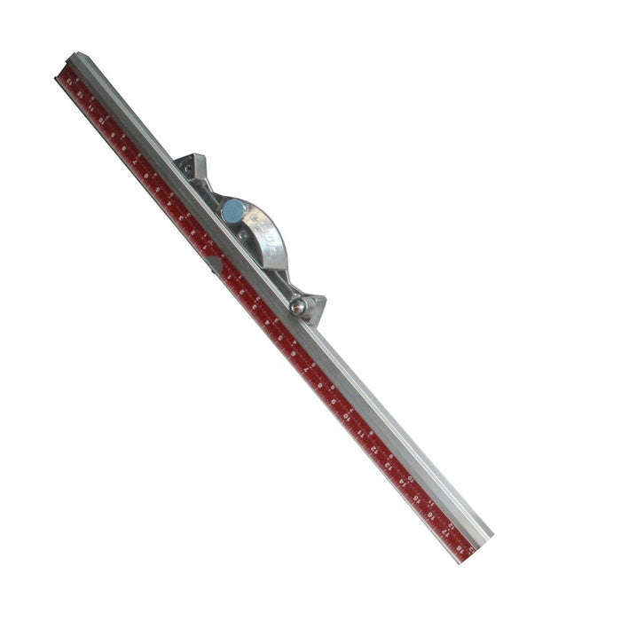 Swivel measurement bar, red scale on metal bar with pivot head and blue bubble