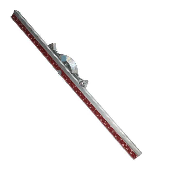 Swivel measurement bar with red ruler scale and circular angle guide with blue lens