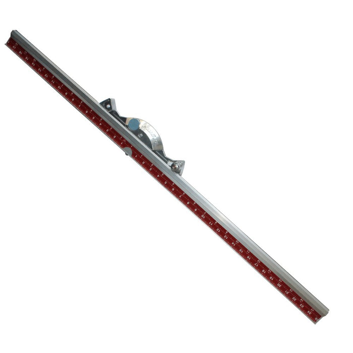 Swivel measurement bar showing red scale strip on silver rail and adjustable pivot clamp